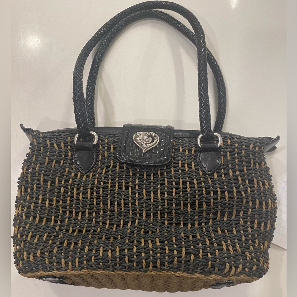 Brighton Straw Tote Shoulder Bag, Black & Tan